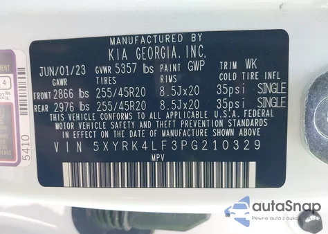 2023 Kia Sorento Sx z USA, uszkodzony, nr VIN 5XYRK4LF3PG210329